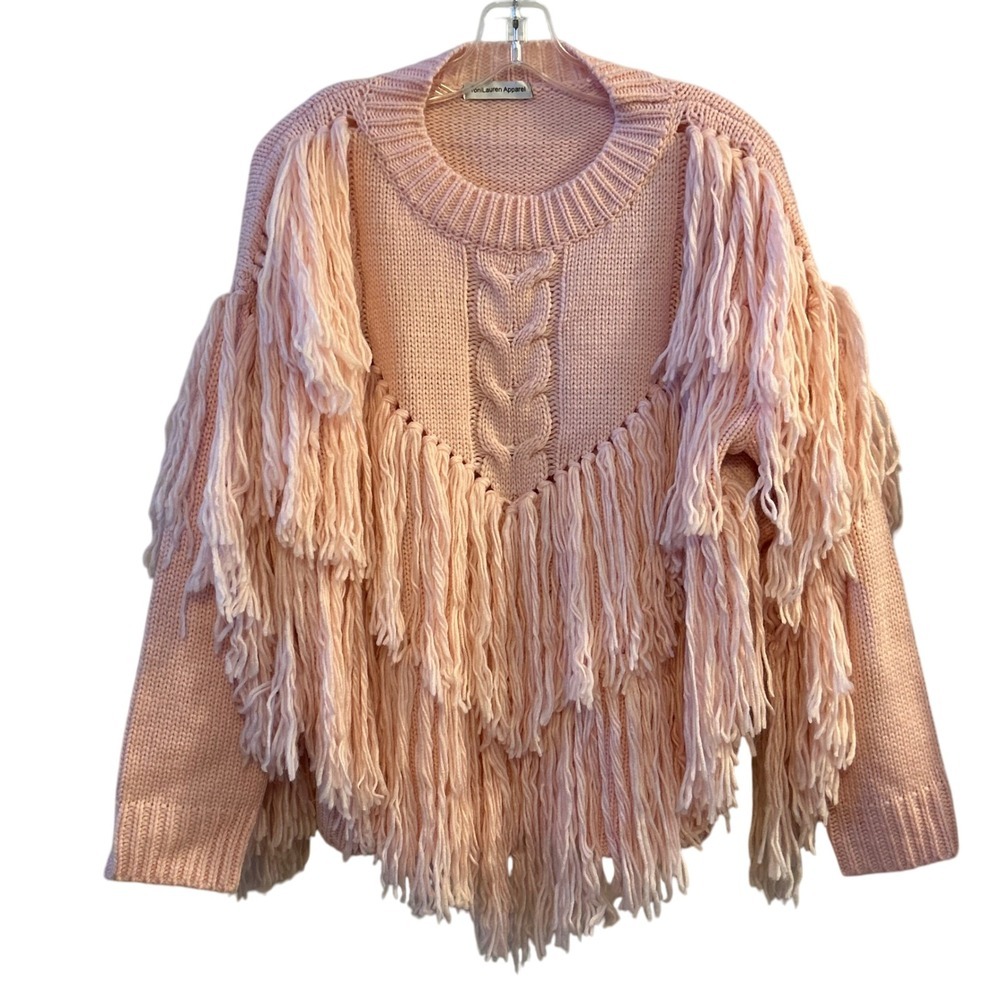 ToniLauren Apparel Pink Cable Knit Fringe Sweater Size M - Picture 1 of 8